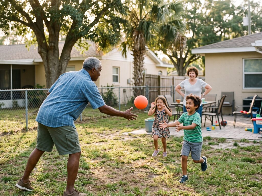 Grandparents playing with grandchildren in the backyard