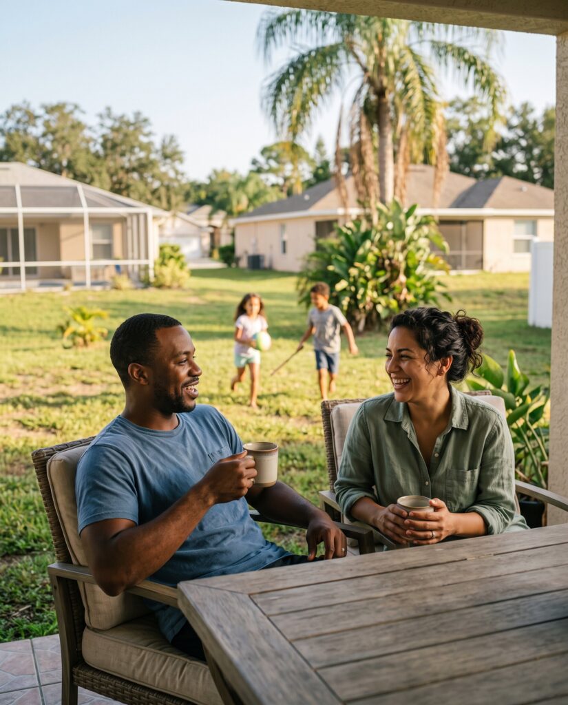 Couple relaxing on their back porch