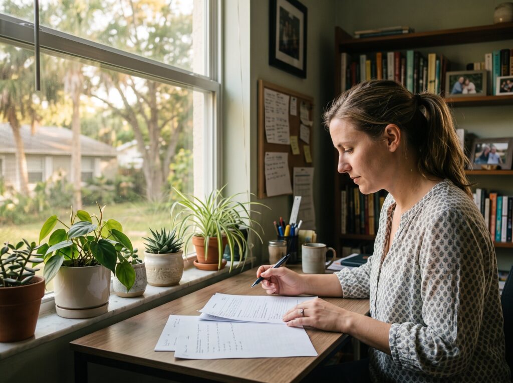 Woman reviewing paperwork at home