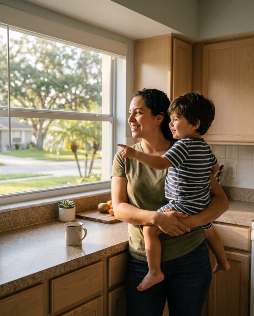 Mother holding her child in a sunny kitchen