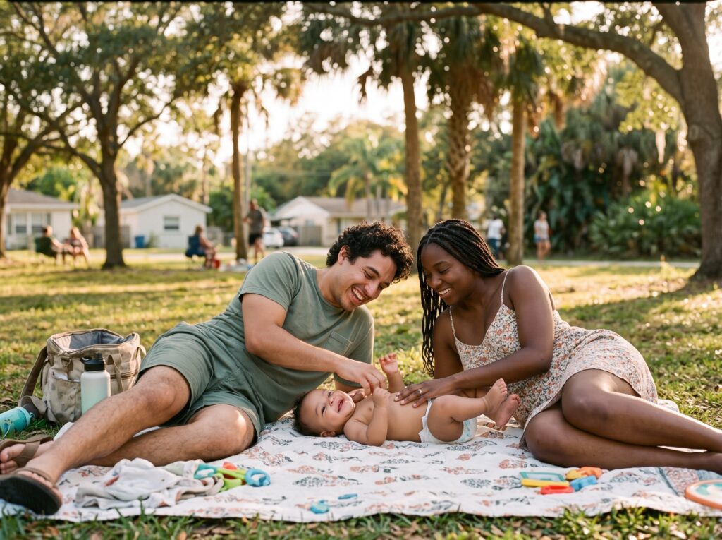 Young parents playing with their baby on a blanket